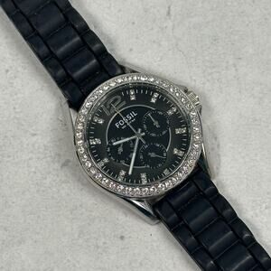 Fossil Watch Womens 37mm Pave Bezel Day Date Silver Tone Black Band New Battery